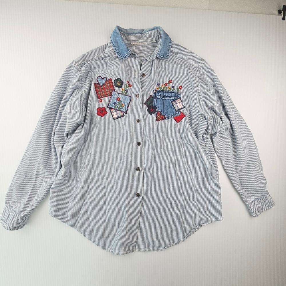 Vintage Blue Pinstripe Embroidered Floral Patch Denim Collar Button Down Shirt